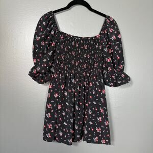 Perfect Peach Women's Coquette Cottage Black Smocked Floral Top - Size Medium